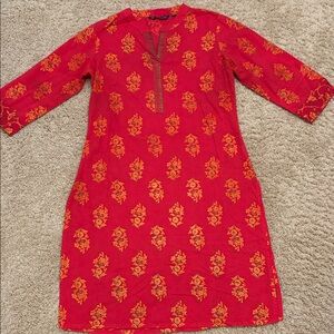Women's Red Long-Sleeve Floral Kurta Dress with Orange Print